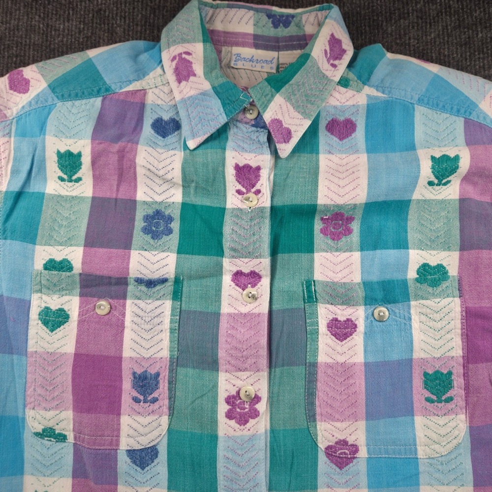 VTG Backroad Blues Plaid Embroidered Shirt Womens Medium Multi Color Cotton